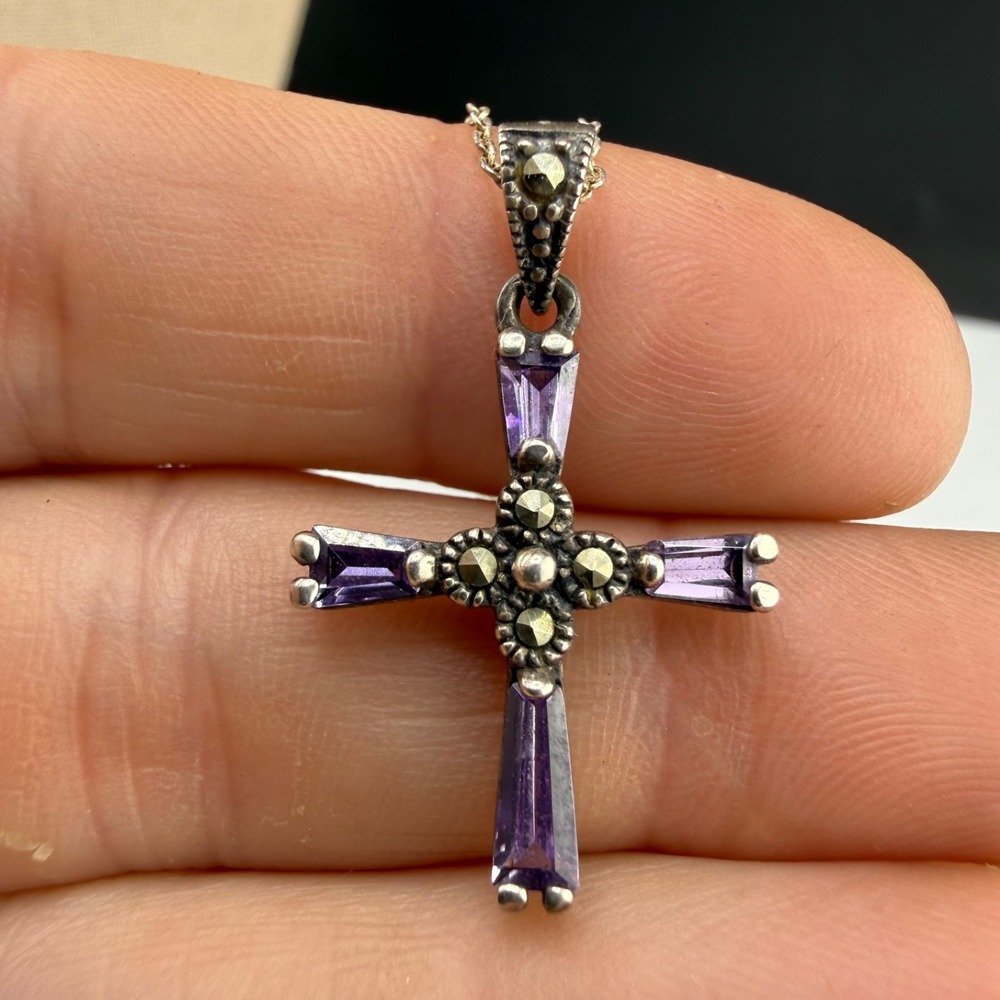 Vintage Sterling Silver Cross Necklace Marcasite Purple Rhinestone 19”